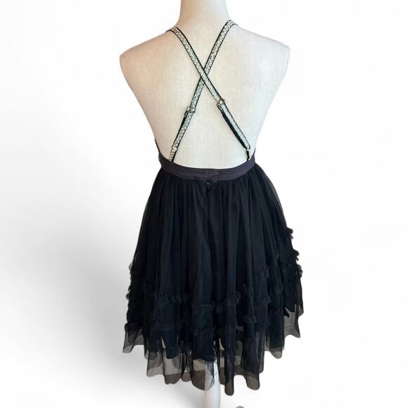 Free People Black Boho Beaded mini dress Tulle Open Back whimsigoth Y2k Vintage - Picture 7 of 9